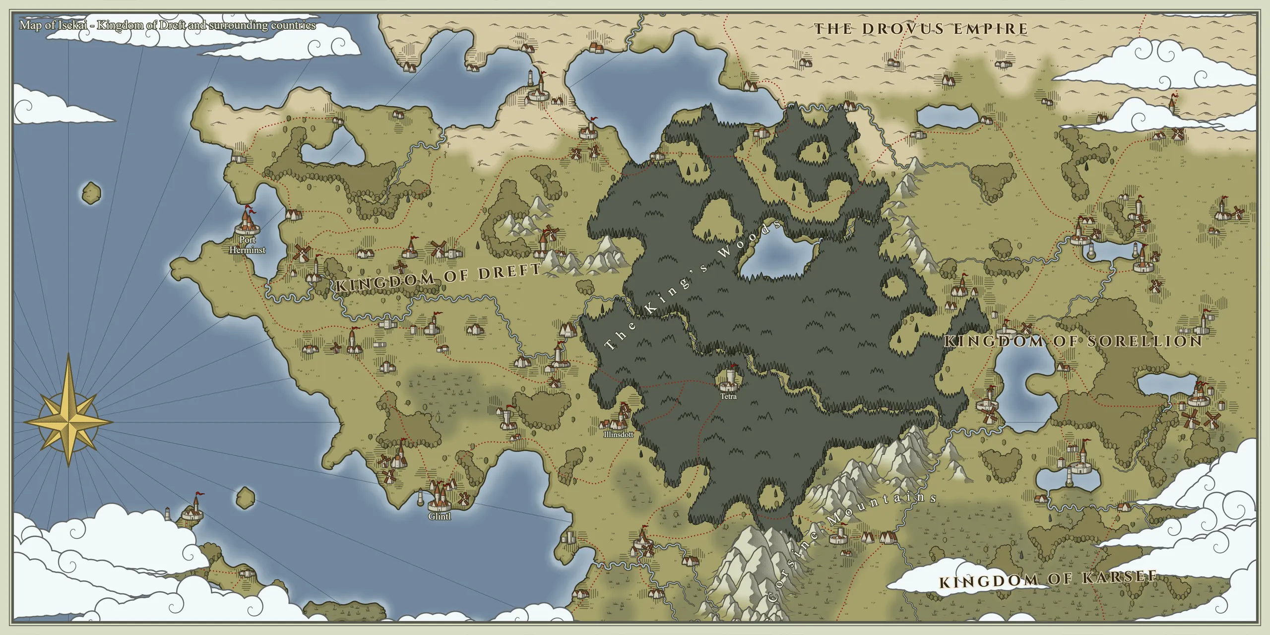 Map of Isekai showing the Kingdom of Dreft and its neighbors: Port Herminst and Glintl on the western coast, Illinsdott and the switch port town of Tetra at the edge of the King’s Woods, the Corsine Mountains to the south, the Drovus Empire to the north, and the Kingdoms of Sorellion and Karsef to the east.